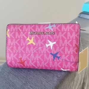 Michael Kors Jet Set Travel Bifold Wallet Dragonfruit Airplane Limited